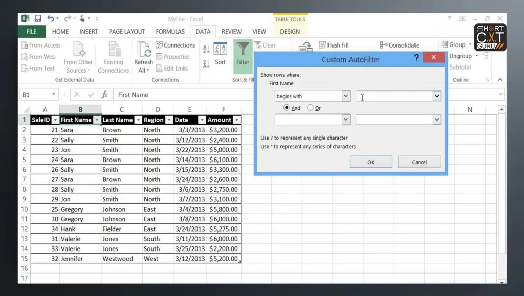 Excel Filter Shortcut key customs