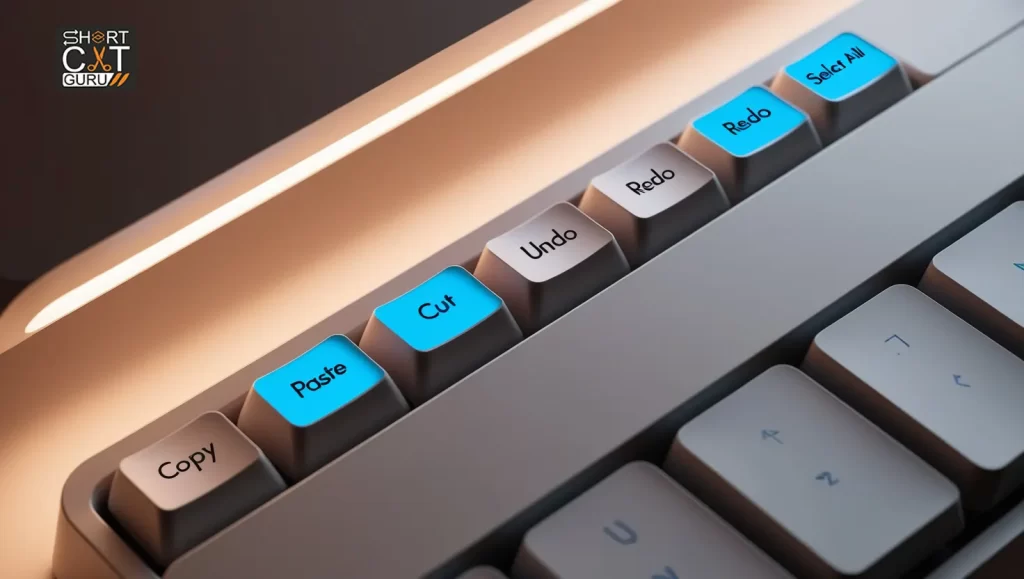  Keyboard showing highlighted keys for copy, paste, cut, undo, redo, and select all