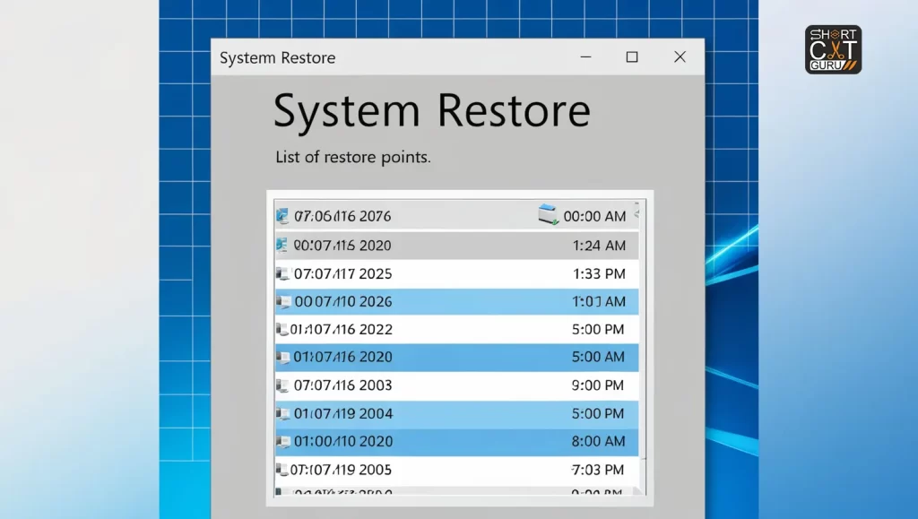 System Restore window in Windows showing restore points