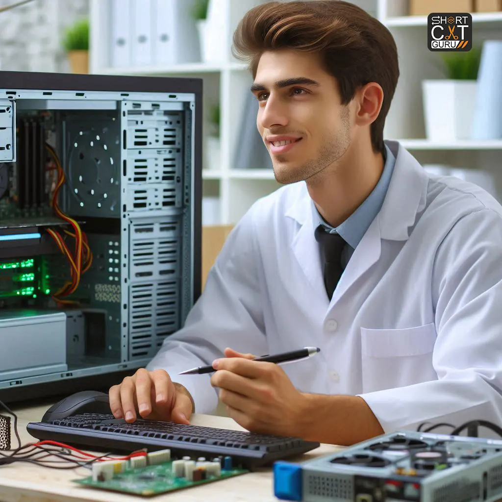 Technician diagnosing a computer in a professional service center