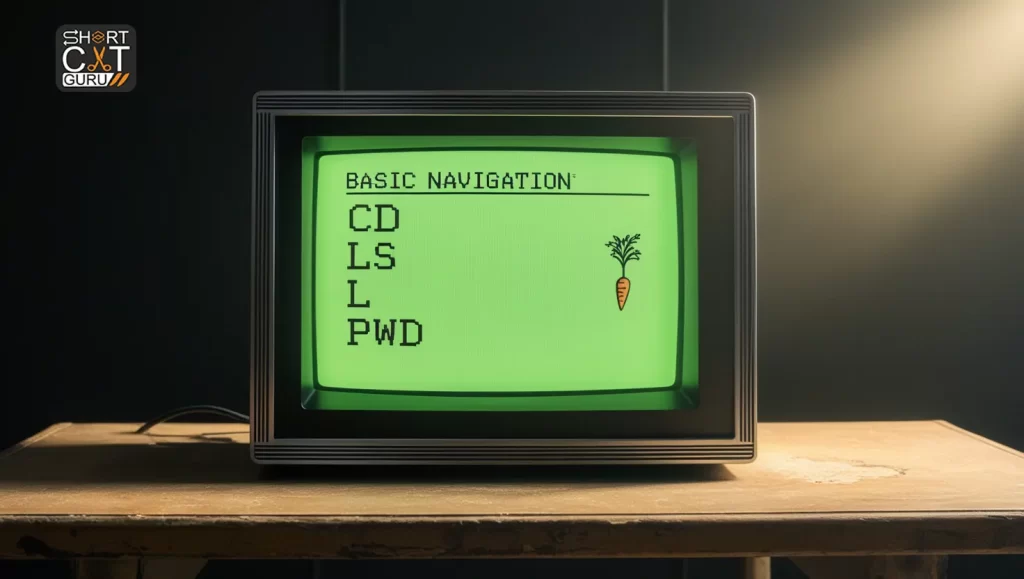 Terminal displaying basic navigation commands like cd, ls, and pwd