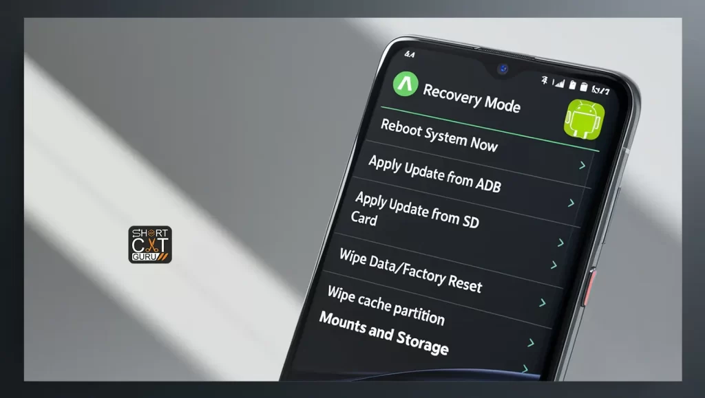 Close up view of Android Recovery Mode menu options