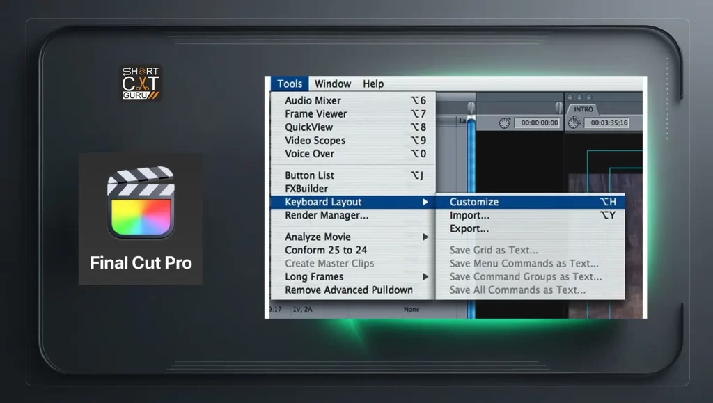 Final Cut Pro command editor for customizing shortcuts