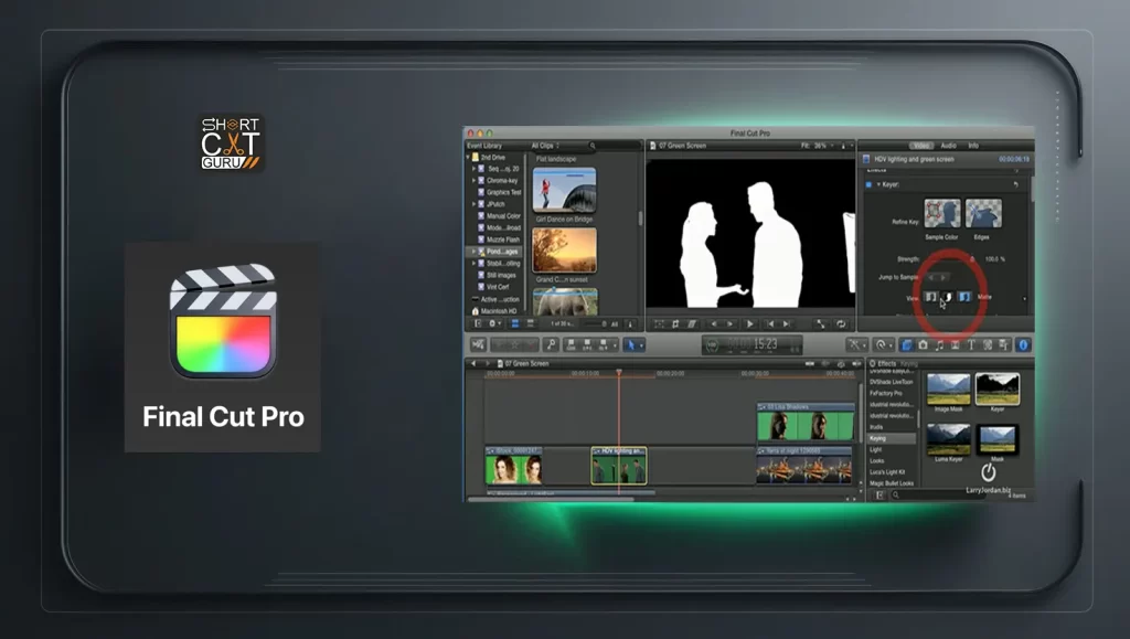 Final Cut Pro effects panel with shortcuts