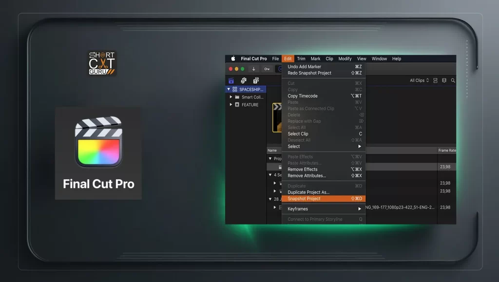 Final Cut Pro interface with general shortcuts highlighted