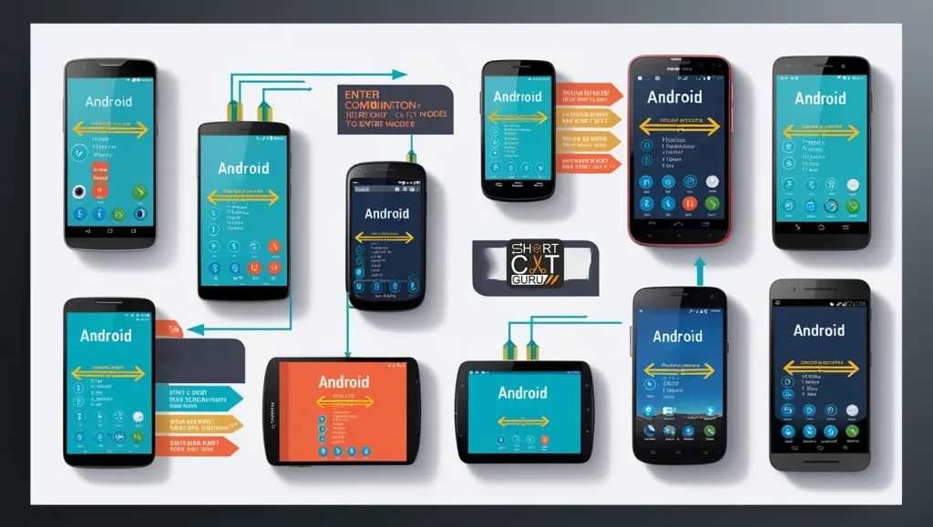 Illustration of different Android devices with highlighted buttons for accessing Recovery Mode