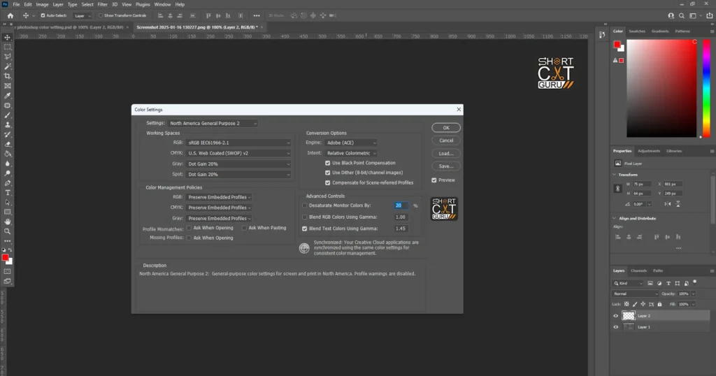 photoshop Color settings window