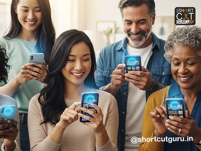 Benefits of AI in mobile phones : The Intelligent Companion - Unlocking the Myriad 4 A diverse group of people smiling and interacting with AI-powered smartphones, showcasing technology's positive impact