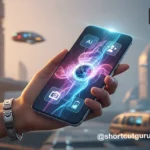 A futuristic smartphone showcasing the benefits of AI in mobile phones through its integrated features like camera, personal assistant, and battery optimization