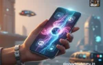 Benefits of AI in mobile phones : The Intelligent Companion – Unlocking the Myriad A futuristic smartphone showcasing the benefits of AI in mobile phones through its integrated features like camera, personal assistant, and battery optimization
