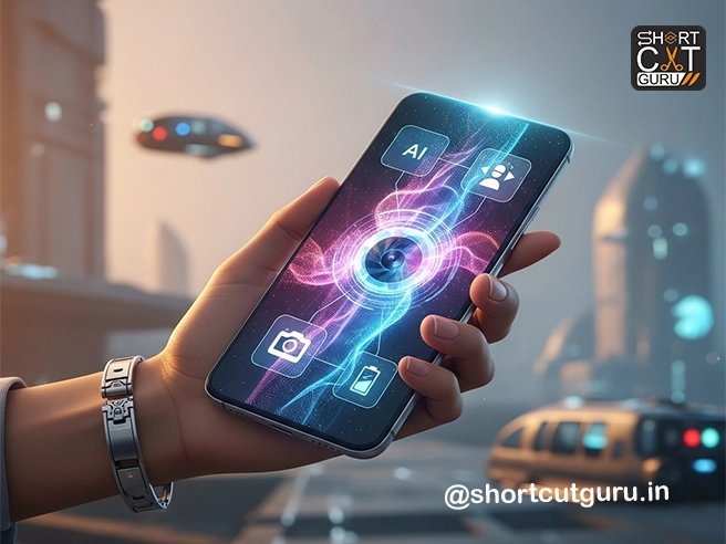 A futuristic smartphone showcasing the benefits of AI in mobile phones through its integrated features like camera, personal assistant, and battery optimization