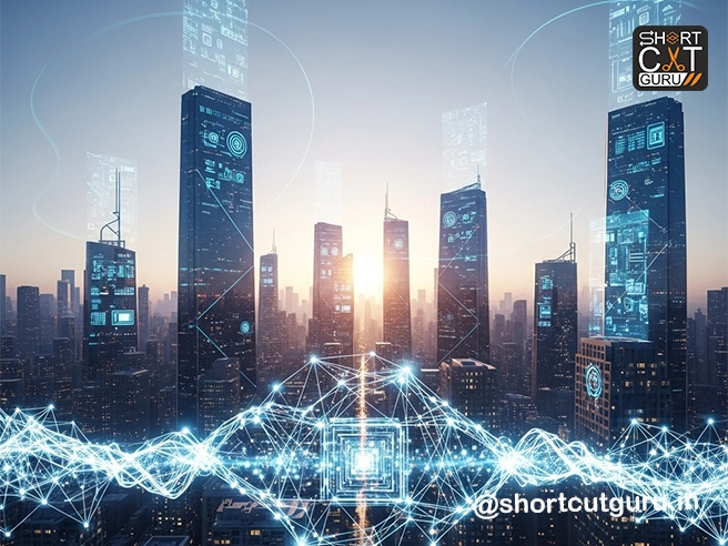 A futuristic cityscape with interconnected smart devices and abstract AI elements, representing the exciting landscape of emerging tech in 2025.