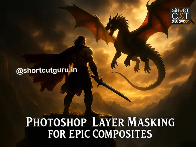 Fantasy composite: Warrior standing on cliff, dragon flying in sky