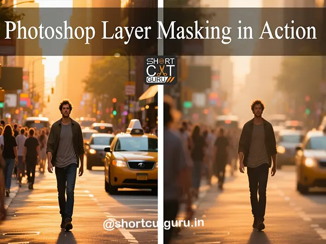 🎯 Master Photoshop Layer Masking: The Ultimate Non-Destructive Editing Guide 2 Side-by-side comparison: Left side shows a photo with a person on a busy street.