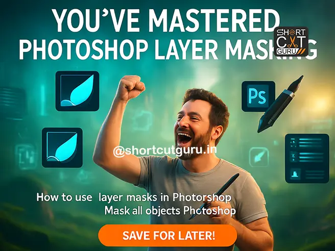Triumphant digital artist holding stylus, surrounded by floating Photoshop layers, masks, and adjustment icons