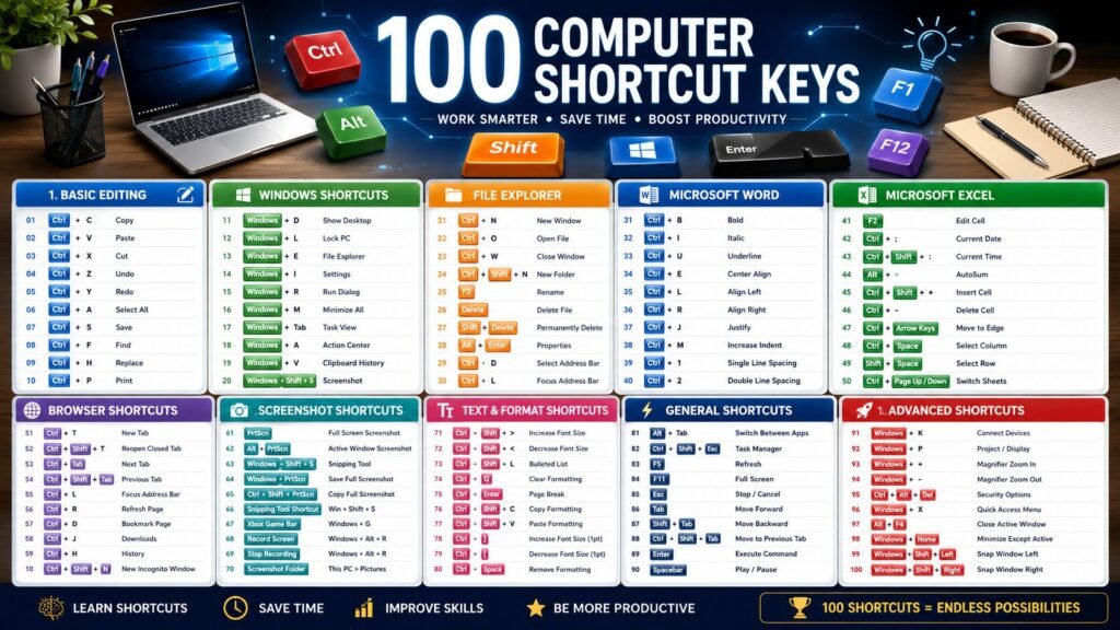 100 Computer Shortcut Keys Every User Should Know 1 100 Computer Shortcut Keys List for Windows, Microsoft Word, Excel and Web Browsers