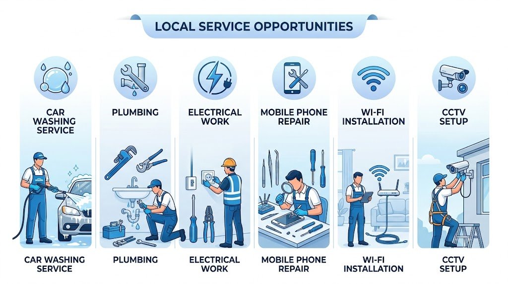 Local service business ideas including plumbing, mobile repair and CCTV installation